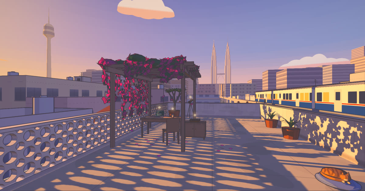 Jon's rooftop in Bukit Bintang at golden hour: a pergola hung with bougainvillea over a desk and a laptop, the Petronas Towers and Menara KL beyond the parapet, a monorail train alongside, and a cat asleep on a cushion.